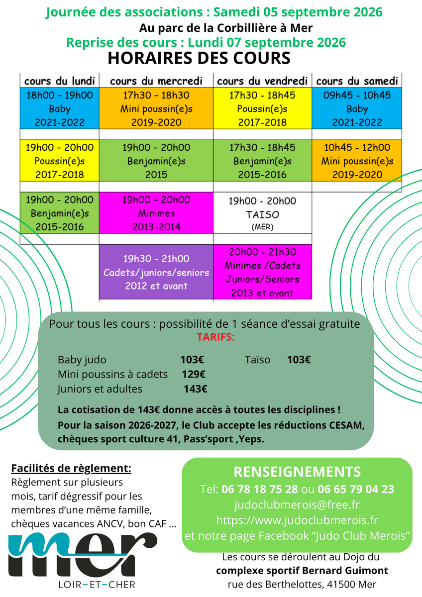 Saison 2026-2027 Horaires des cours
